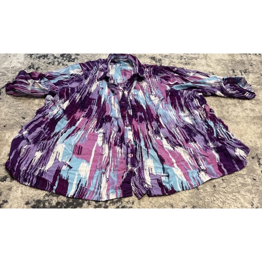 Woman Within Shirt plus Sz 4X 34-36 Purple Pink  3/4 sleeve Roll Tab  button up